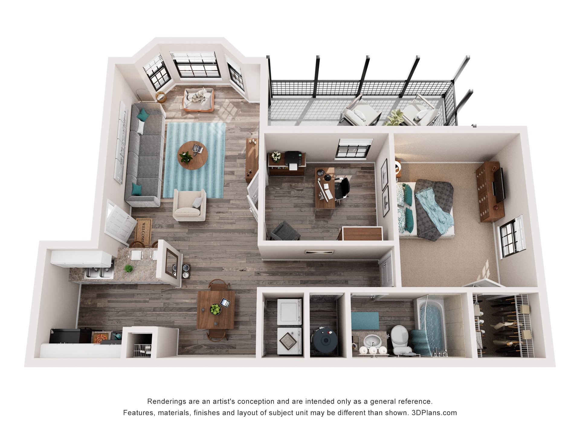 Floor plan for 1 bed, 1 bath, 836 sqft